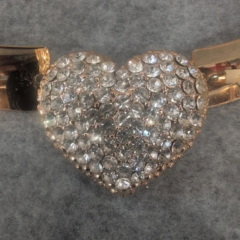 Gold Tone‎ Heart Choker Necklace Rhinestone Sparkle Statement Pendant 21" - Picture 2 of 3